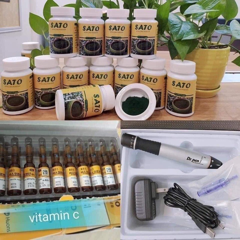 Combo bộ máy cấy tảo + 1 vỉ Vitamin C hàn + 1 hộp bột Tảo SaTo nhật