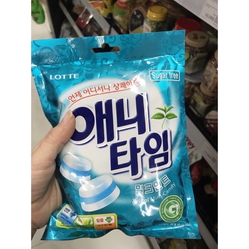[4 vị]Kẹo Bạc hà xylitol Lotte Anytime 60gr (Sugar free)-Bạc hà/ Đào/ Chanh
