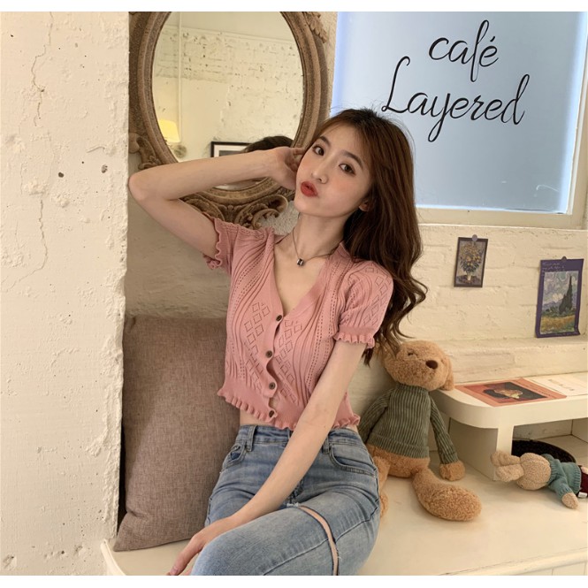 [SẴN][Video thật] Áo Khoác Cardigan len mỏng đục lỗ tay bèo dáng croptop tiểu thư