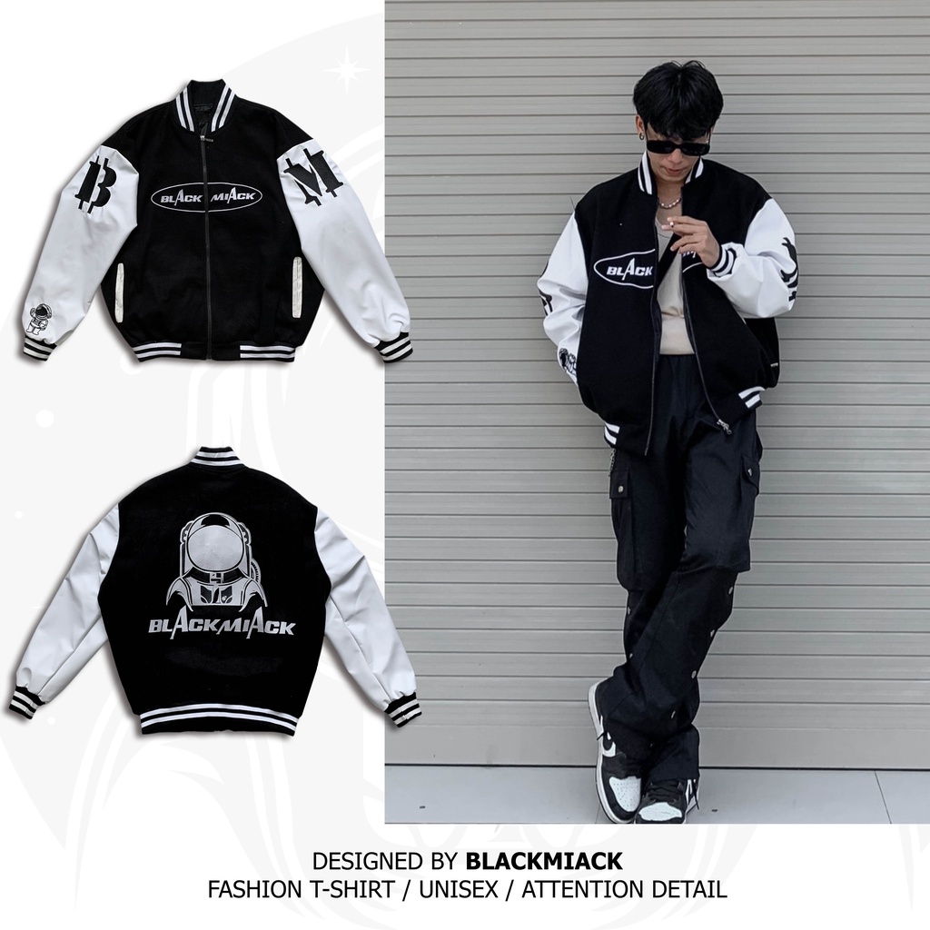 Áo Khoác Varsity Nỉ Bông, tay Da màu Đen BLACK MIACK Varsity Jacket BM1