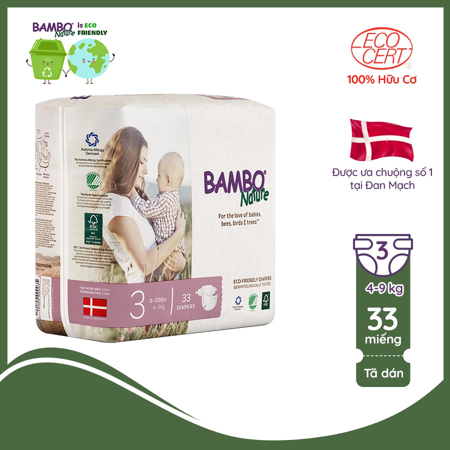 Tã Dán 100% Hữu Cơ Bambo Nature - Nhập Khẩu Đan Mạch - 4-9kg - M33 - 33 miếng