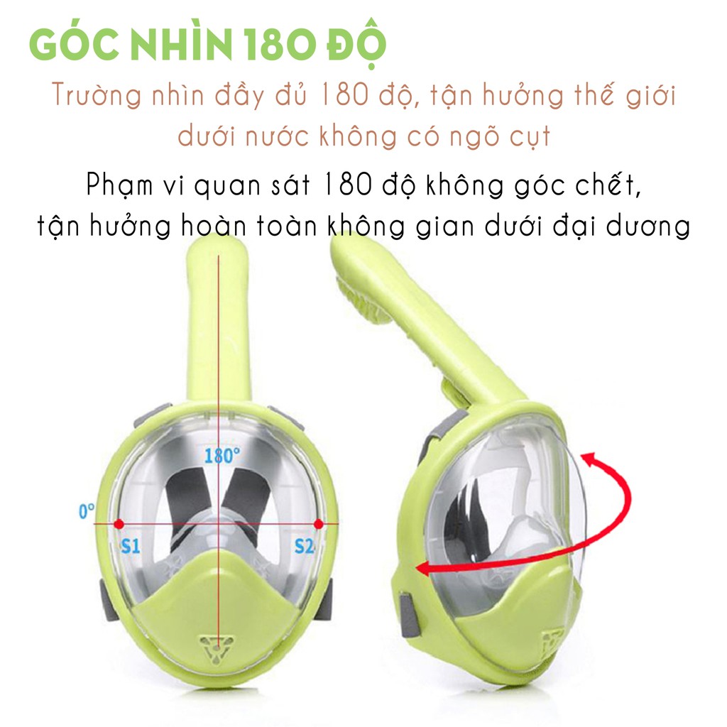 Mặt nạ lặn, mặt nạ bơi lội FullFace dành cho người lớn và trẻ em The Nice thiết kế kính lặn liền ống thở chống sương mù