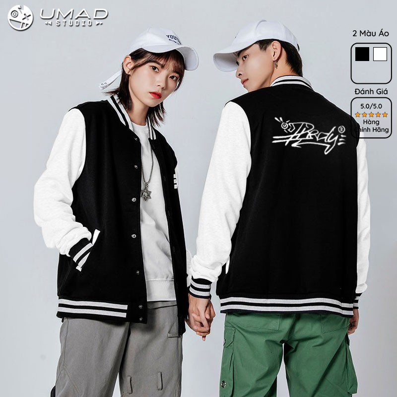 Áo khoác Bomber Varsity UMAD unisex nam nữ Predy màu hồng cam, đen siêu đẹp chống nắng vải nỉ chân cua 95% cotton, 5% sp