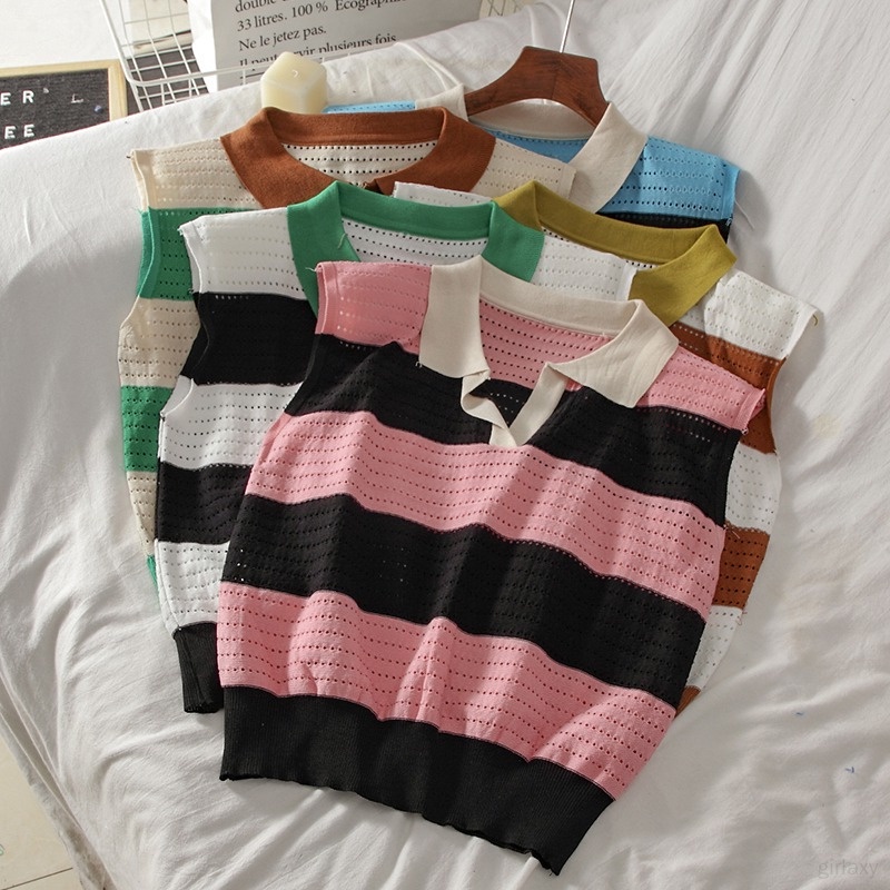 Áo Thun Dệt Kim Sát Nách Dáng Rộng Kẻ Sọc Thời Trang Mùa Hè Hàn Quốc Cho Nữ