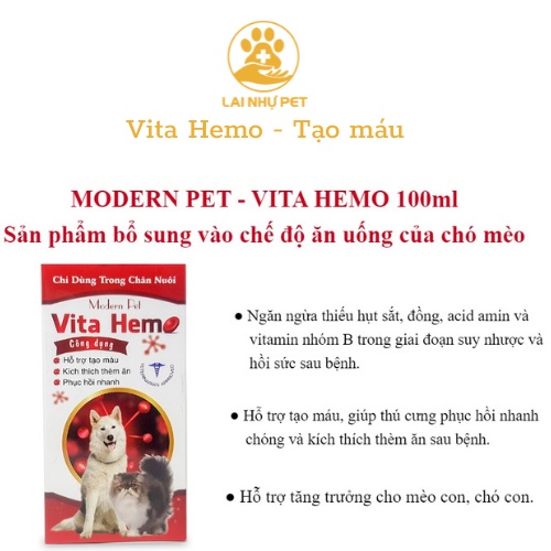Vita Hem Hỗ trợ tạo máu Kích thích thèm ăn Phục hồi nhanh CHO THÚ CƯNG CHÓ MÈO Chai 100ml Thương hiệu Thái Lan - LAI NHỰ