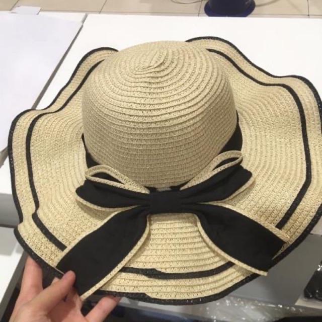 Nón đi biển - mũ cói dây cột nơ có dây viền đen cá tính thời trang nữ