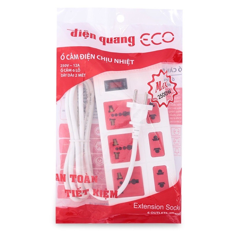 Ổ Cắm Điện Quang 6 Lỗ Dây 2m - 5m ECO ĐQ ESK 2BR 6ECO - có 2 màu trắng và đen, mẫu mã đẹp tiện lợi