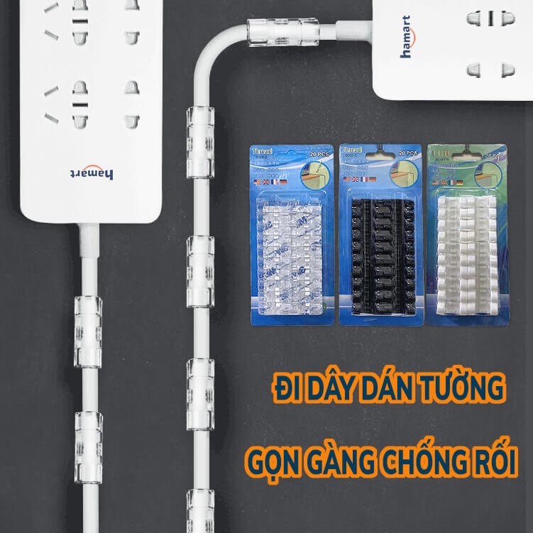 Kẹp dây điện dán tường treo giữ cố định cáp sạc thông minh, bộ nẹp đi dây điện lớn vỉ 16 cái có keo 3M