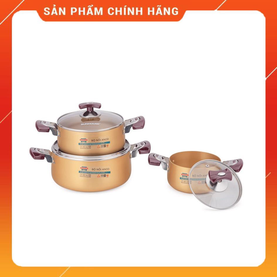 [Chất Liệu Nhôm Cao Cấp] Bộ Nồi anod Sunhouse 3 đáy SH6634 - Vung Kính Cường Lực Siêu Bền, Giữ Nhiệt Tốt,Tỏa Nhiệt Đều