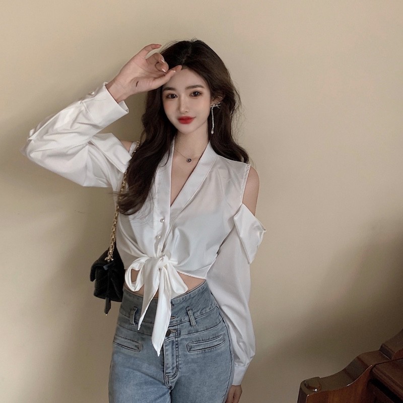 Áo sơ mi tay dài trễ vai khoét lỗ croptop cột dây eo cổ V ulzzang ( 2 màu )