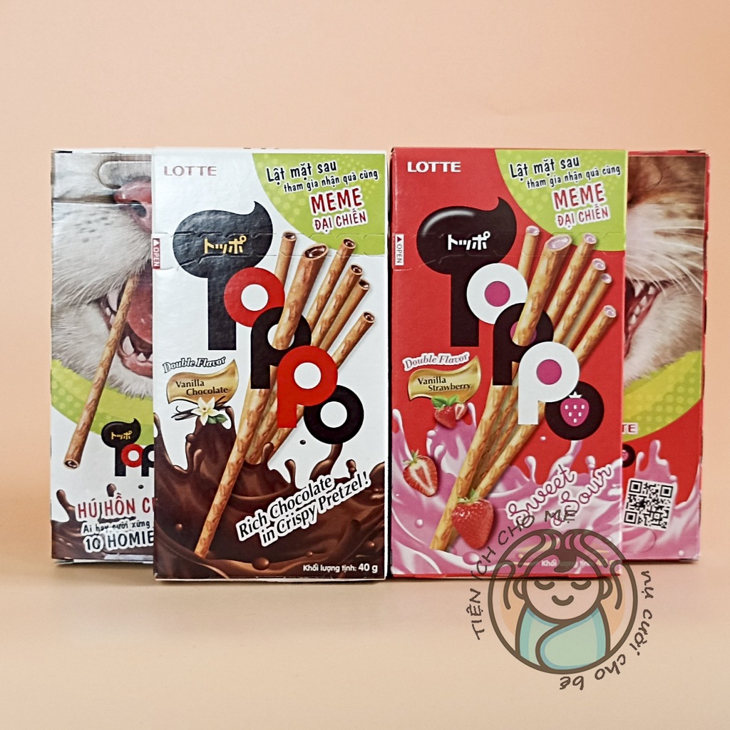 Bánh que socola Toppo Lotte vỏ giòn tan, kẹo thanh chocolate kem vani hộp 40 vị socola, dâu