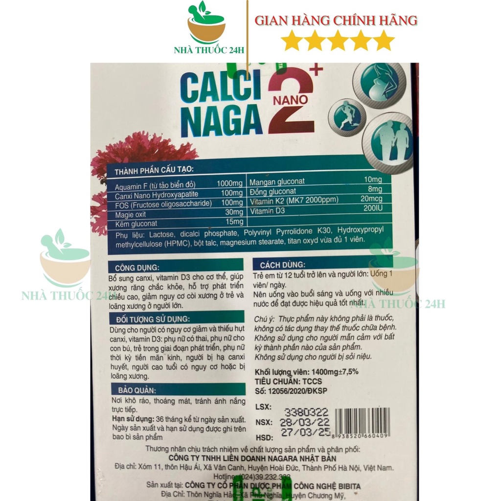 Calci Naga Nano 2+ - Bổ Sung Canxi Tảo Biển Cho Người Lớn, Phụ Nữ Có Thai, Người Loãng Xương