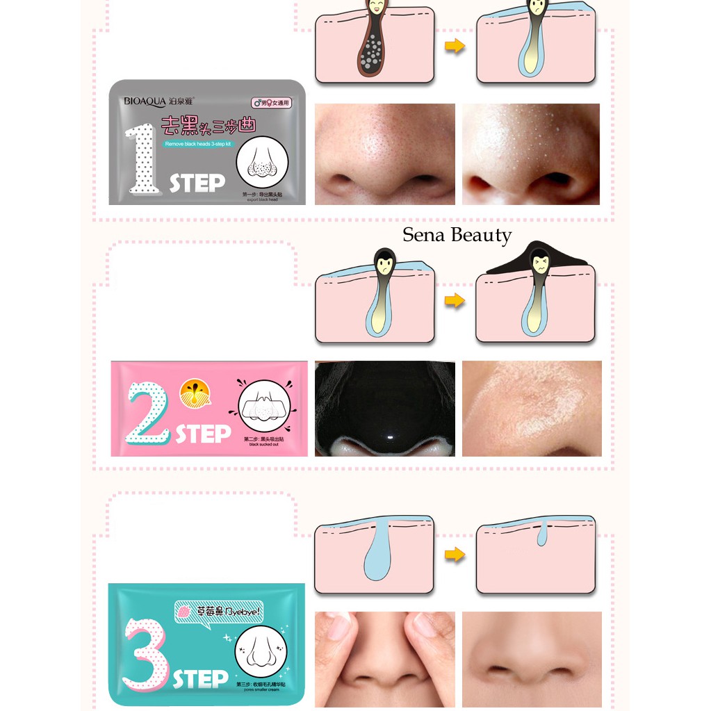 Mặt nạ lột mụn mũi 3 bước Bioaqua Remove Black Heads 3 Step Kit Sena Beauty | BigBuy360 - bigbuy360.vn