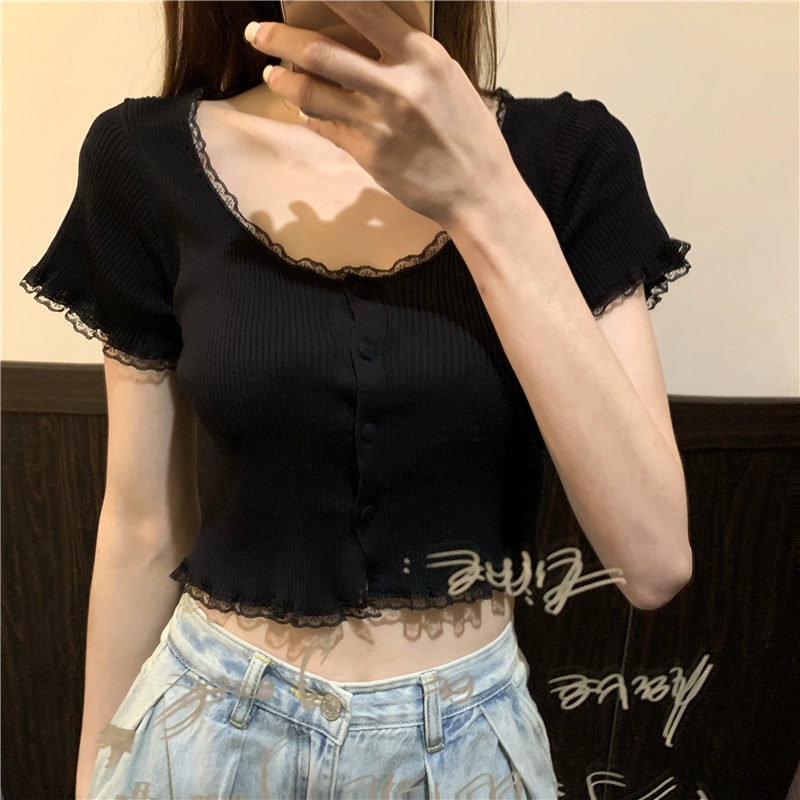 Áo dệt kim SUXI tay ngắn phối ren thời trang phong cách Hàn Quốc
