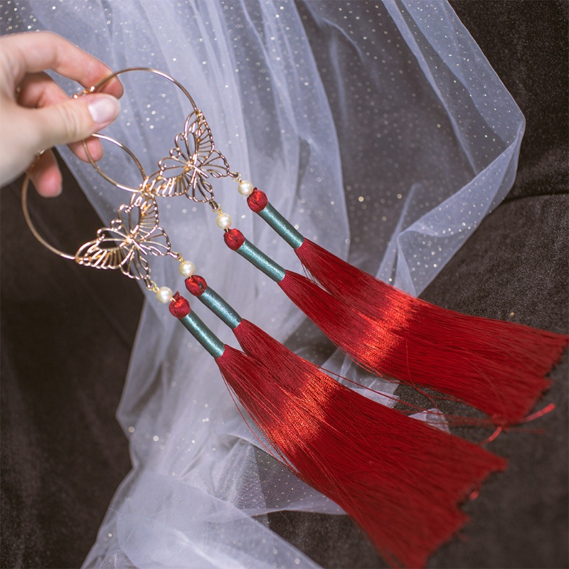 Dây Cột Tóc Hình Bướm Đính Ngọc Trai Tua Rua Phong Cách Cổ Điển