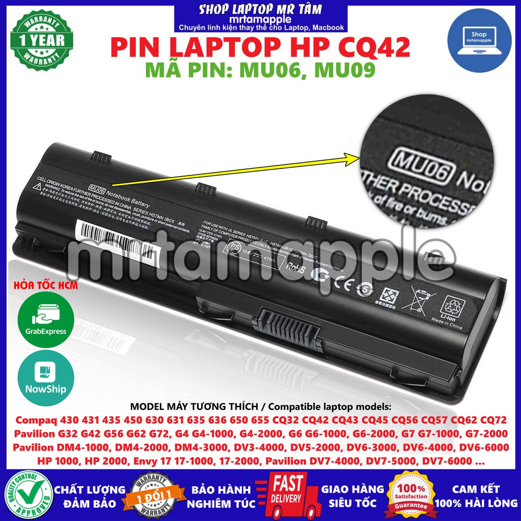 (BATTERY) PIN LAPTOP HP CQ42 (MU06, MU09)  Compaq 430 431 435 450 630 CQ32 CQ42 CQ43 CQ45 DV3 DV5 DV6 DV7 HP 1000 2000