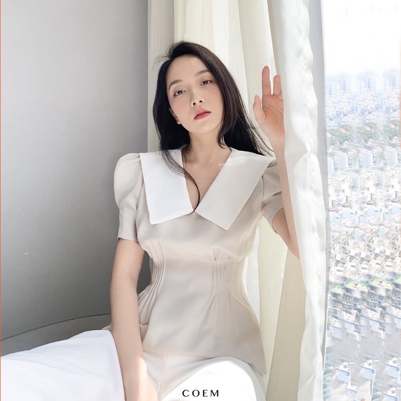 Pass Áo Kiểu Sơ Mi Xếp Ly Eo Tay Phồng Nude Chất Liệu Cotton Premium CO EM Thiết Kế 320K Phù Hợp Công Sở Đi Tiệc Đi Chơi