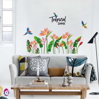 Decal dán tường hình hoa nhiệt đới chống nước trang trí phòng ngủ
