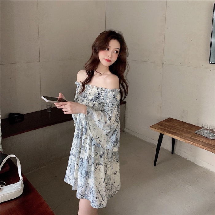 Váy nữ đầm nữ váy trễ vai đầm bẹt vai tay bèo dáng xòe V09 | BigBuy360 - bigbuy360.vn