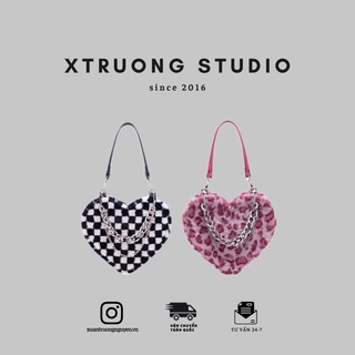 Túi xách đeo chéo nữ hình trái tim sọc caro tặng kèm dây xích thời trang XTRUONG