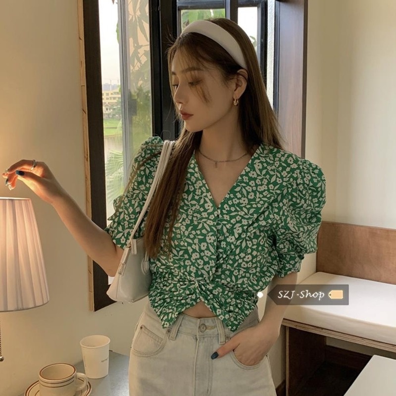 Áo Kiểu Tay Ngắn Cổ Chữ V In Họa Tiết Hoa Nhí Xinh Xắn Thời Trang Phong Cách Pháp Cho Nữ