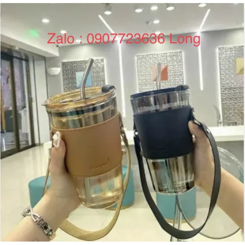 Cốc thủy tinh GorGous bọc da có nắp kèm ống hút, bình nước đẹp dung tích 420ml - 650ml