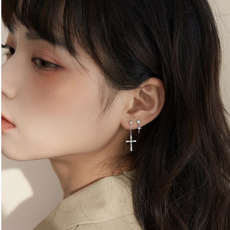 Khuyên tai nam nữ bạc mặt thánh giá K114 , bông tai chữ thập dáng dài Harmony