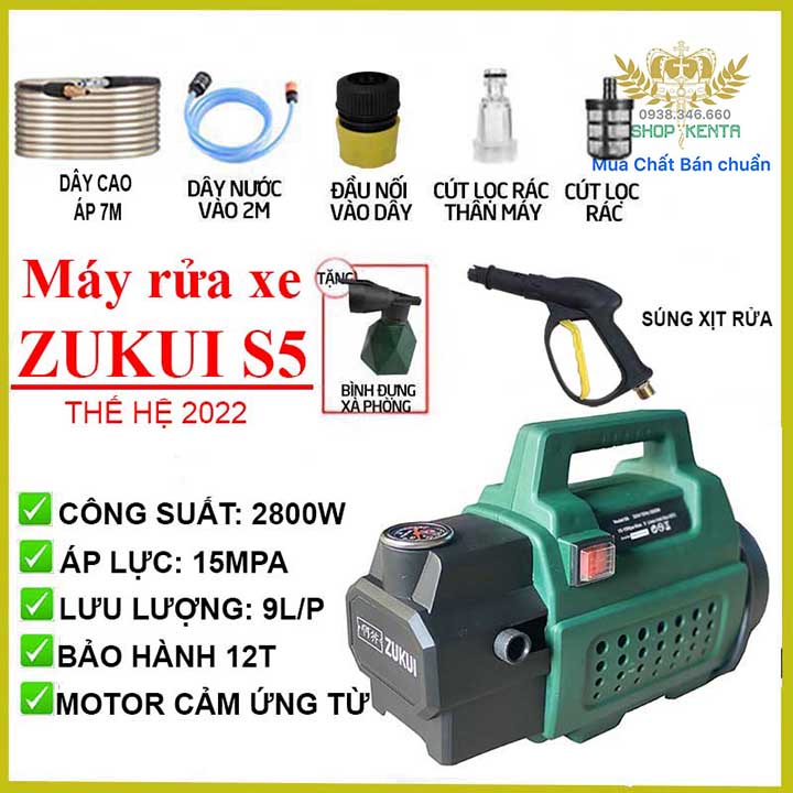 Máy rửa xe mini gia đình Zukui S5 - 2800W - tặng bình bọt tuyết - bảo hành 12 tháng