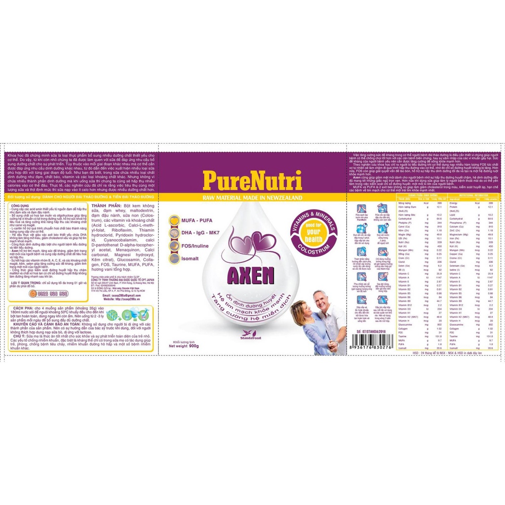 Sữa Bột PURENUTRI AXEN 900g - Sữa Dành Cho Người Bị Tiểu Đường, Hỗ Trợ Giảm Mỡ Máu