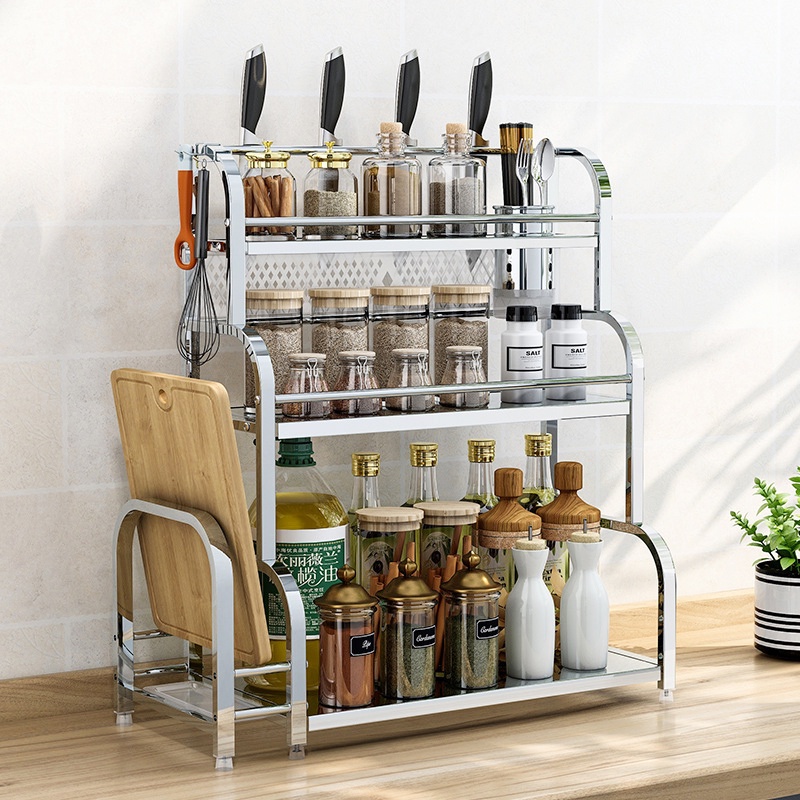 Kệ Gia Vị INOX 304 Đặt Bàn Cao Cấp Không Han Gỉ,  Tặng Kèm Khay Để Thớt, Cắm Dao Tiện Dụng MKS007
