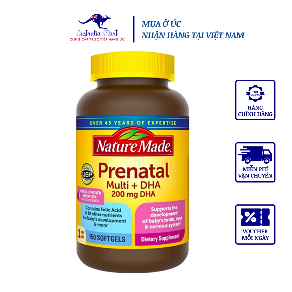 Viên Uống Nature Made Prenatal Multivitamin+DHA 200mg DHA 150 Viên Bổ Sung Vitamin Cho Bà Bầu
