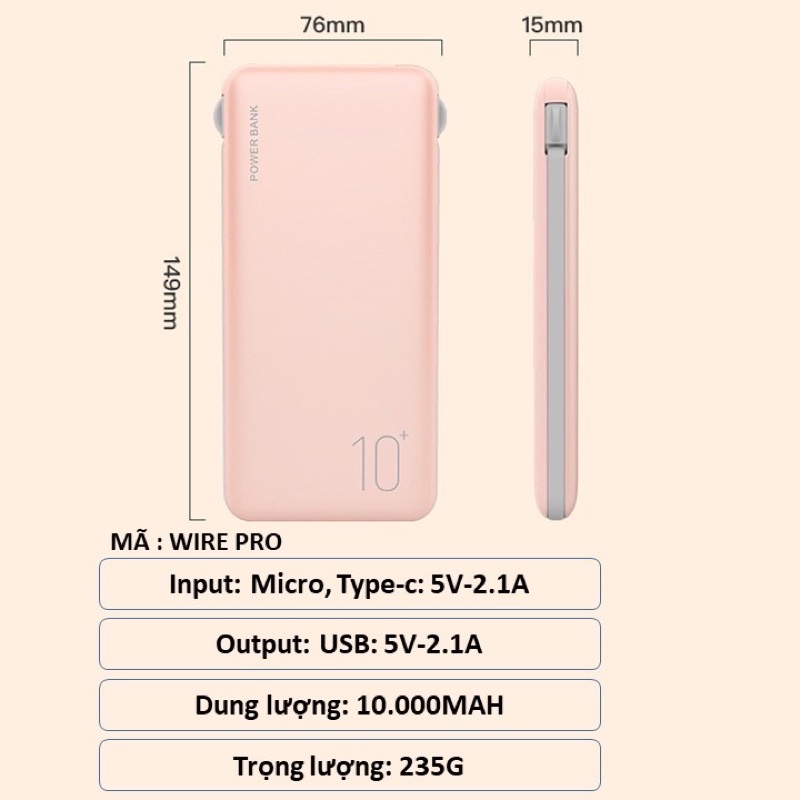 Pin Dự Phòng 10.000 mAh SAFEPOWER WIRE PRO, Tích hợp cáp siêu tiện dụng