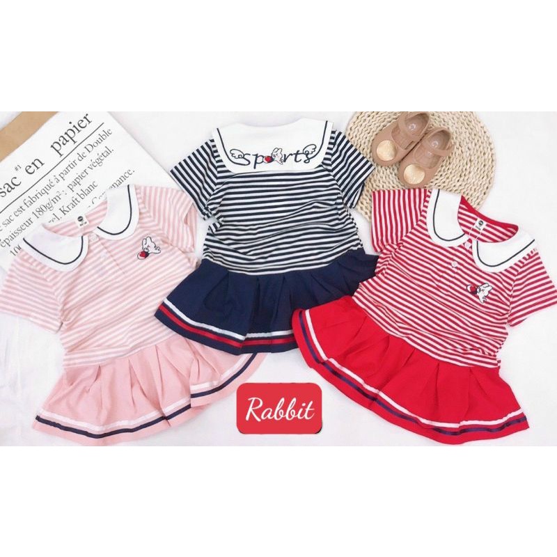 Đầm thun cotton cổ thủy thủ họa tiết thỏ con dễ thương