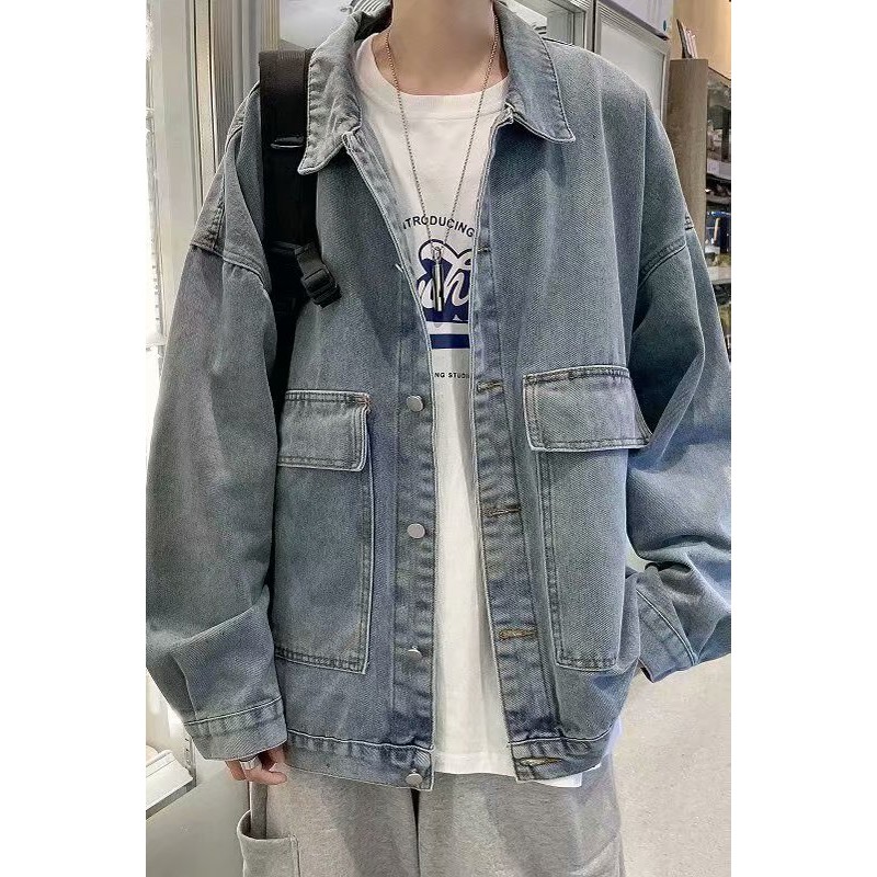 Áo Khoác Denim Dáng Rộng Phong Cách Đường Phố Hong Kong Thời Trang Xuân Thu Cho Nam