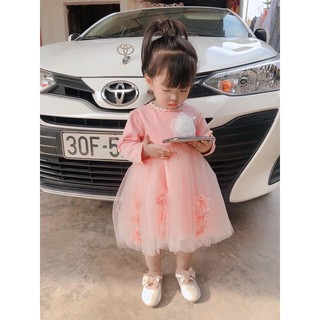 Váy dài tay thêu hoa nổi cho bé gái