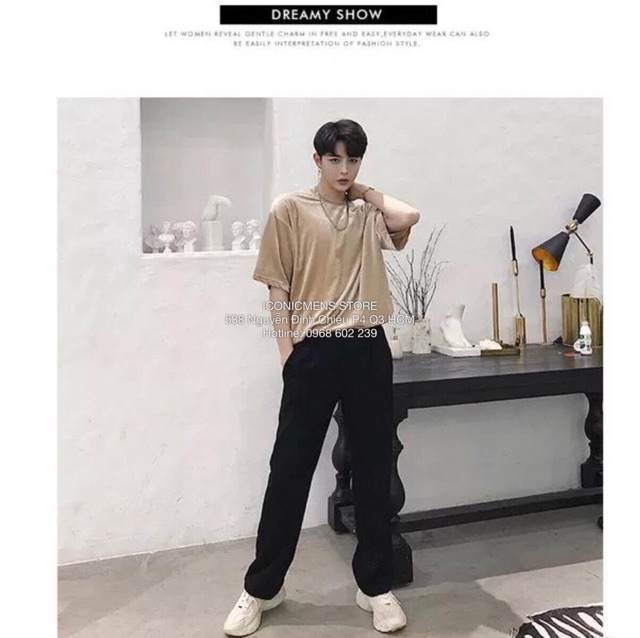 Áo thun nhung unisex fom rộng, màu kem