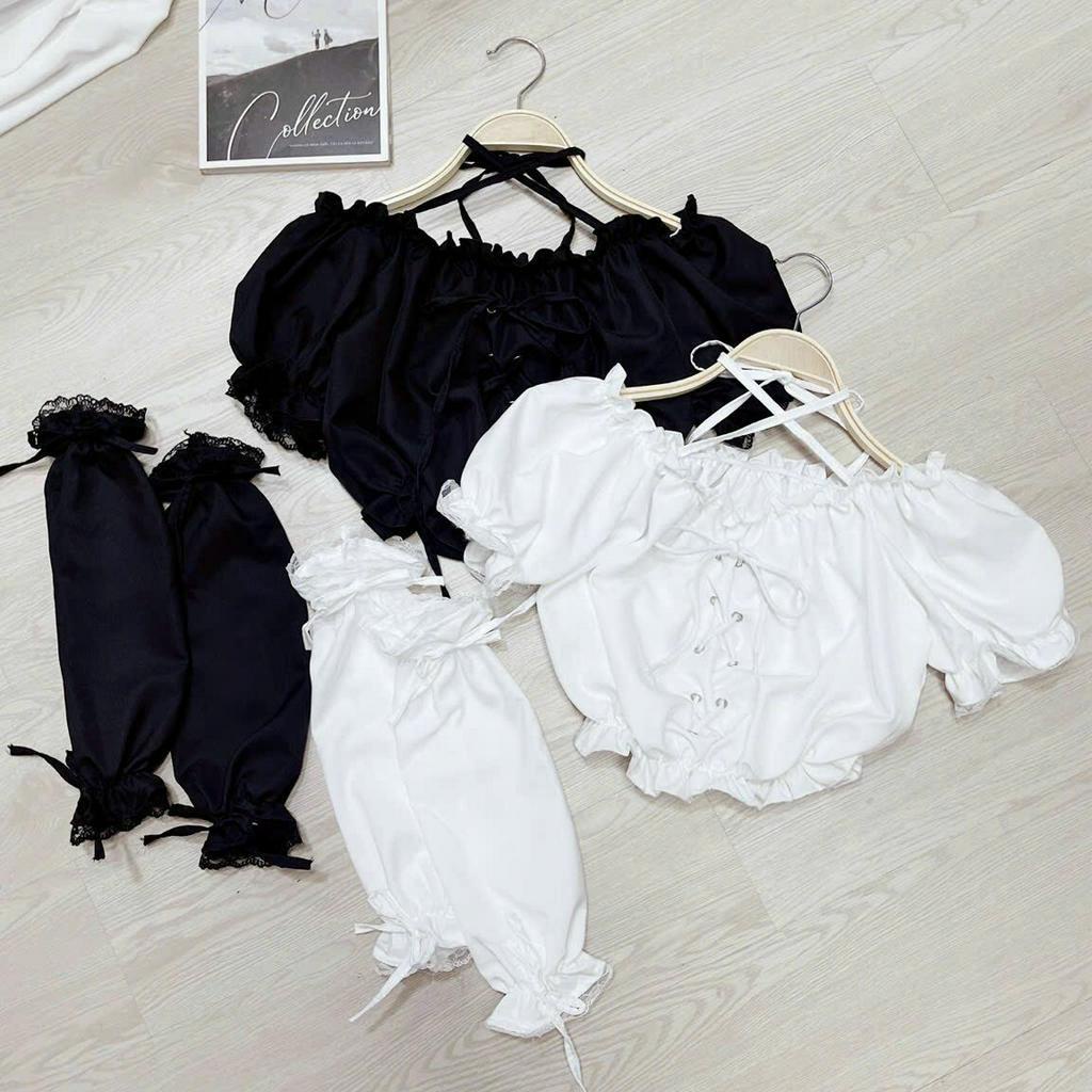 Áo croptop bẹt vai cổ yếm đan dây, áo nữ crt body kèm tay rời phối ren G75