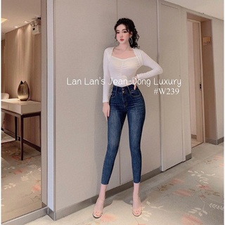 Quần jean jegging ôm ống bó GC co dãn lưng cao 2 nút xanh đậm