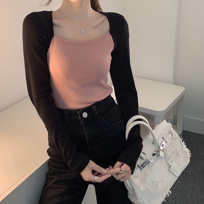 Áo thun tay dài cổ vuông thiết kế mới thời trang mùa thu dành cho nữ