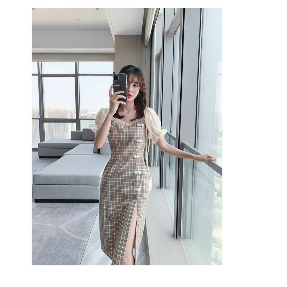 Đầm váy caro phối voan xếp ly xẻ tà xinh xắn thích hợp cho nàng dạo phố, dự tiệc