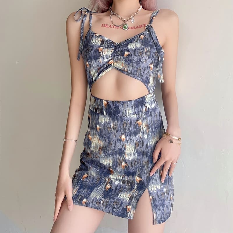 Set đồ hè đi biển màu tranh sơn mài - Áo bra buộc dây + chân váy chữ A phong cách Âu Mỹ