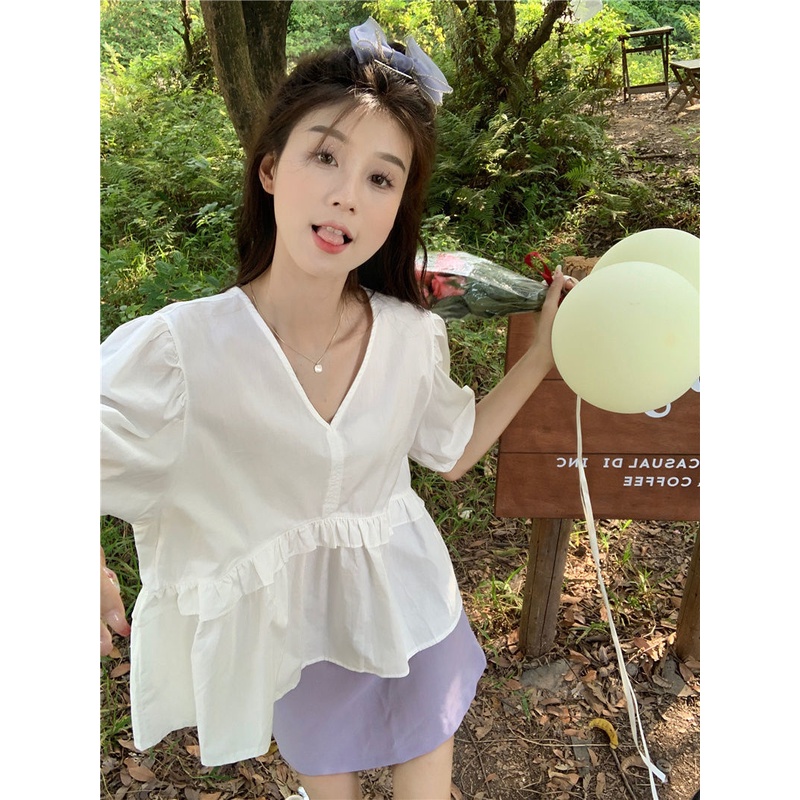 Áo Sơ Mi Tay Ngắn Phồng Cổ Chữ V Thời Trang Dành Cho Nữ