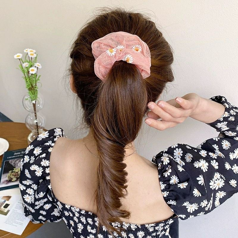 (hàng có sẵn) COD CHDM Scrunchies Dây buộc tóc mỏng co giãn hình hoa cúc thời trang Hàn Quốc