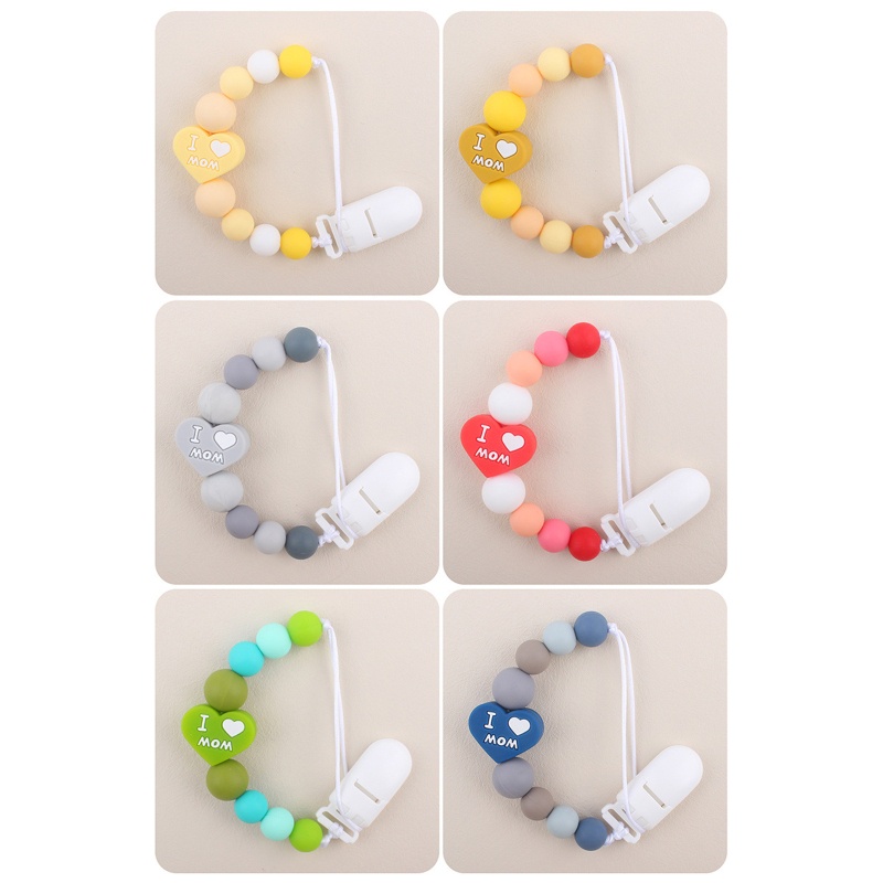 Kẹp Núm Vú Giả Ngậm Mọc Răng Bằng Silicone Đính Hạt Trái Tim In Chữ I Love Mom Dad Dành Cho Bé Sơ Sinh