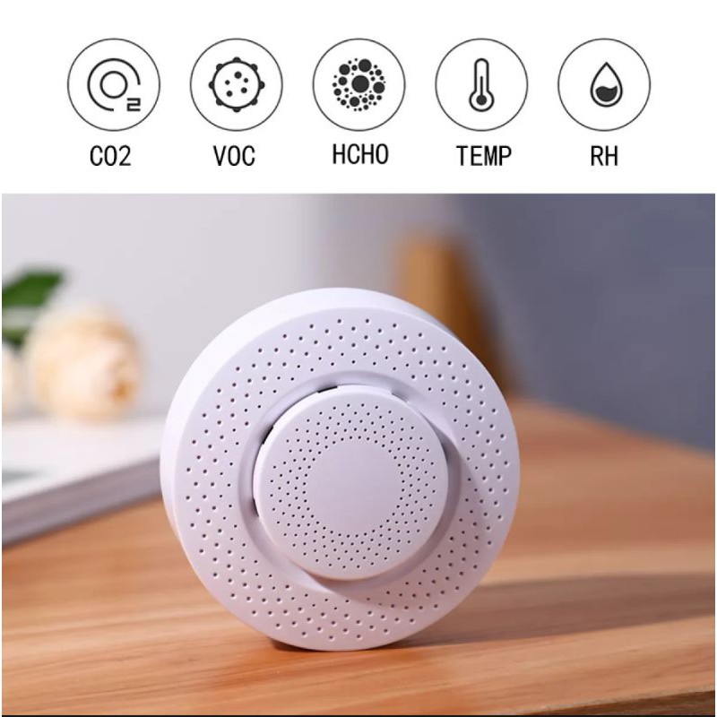 Cảm biến Wifi/Zigbee Tuya đo chất lượng không khí gồm: Nhiệt độ, độ ẩm, CO2, VOC, HCHO