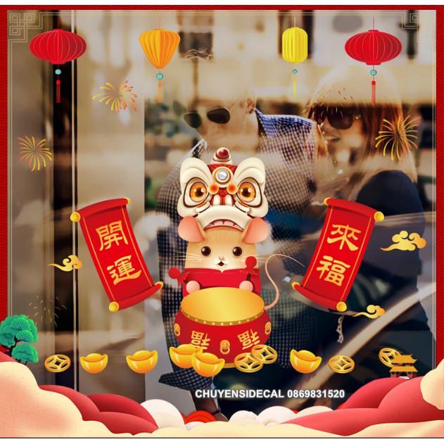 Decal dán Tết - Chuột đánh trống Múa Lân bảng hỷ