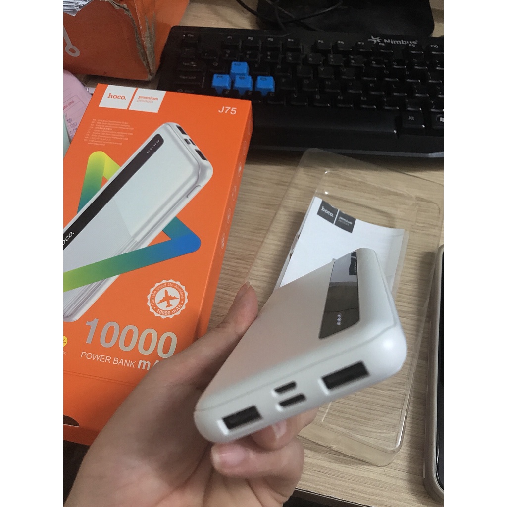 Pin sạc dự phòng 10000mAh Hoco J75, đầu USB/ Type-C, đầu ra 2 cổng USB 2A, có ĐÈN LED