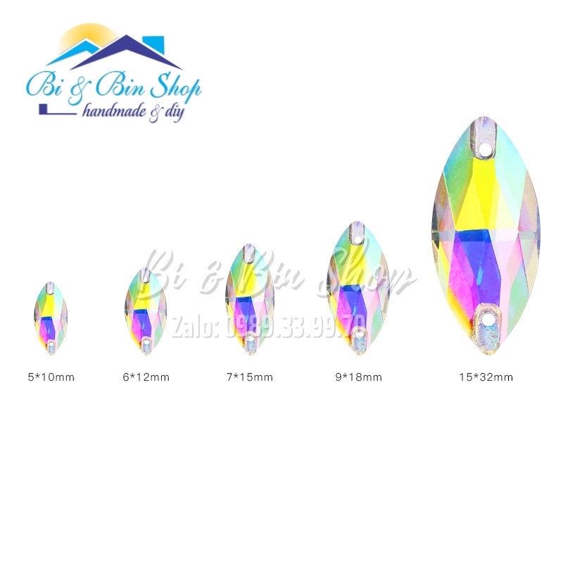 50 Viên Đá Kiếng Lá Me 7x15mm Đính Kết Trang Phục Thời Trang, Làm Phụ Kiện Handmade