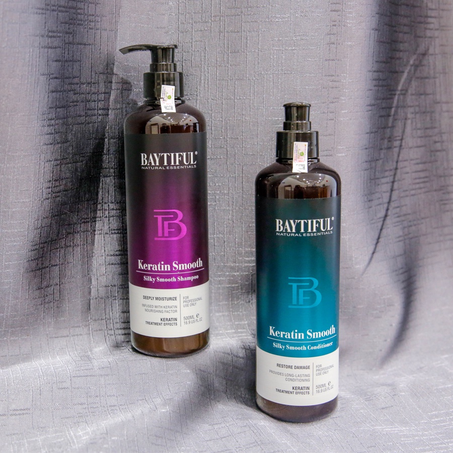 Dầu gội xả cặp phục hồi hư tổn khô xơ gãy rụng Baytiful Keratin Smooth 500ml combo dưỡng tóc mượt chăm sóc tóc nhuộm uốn