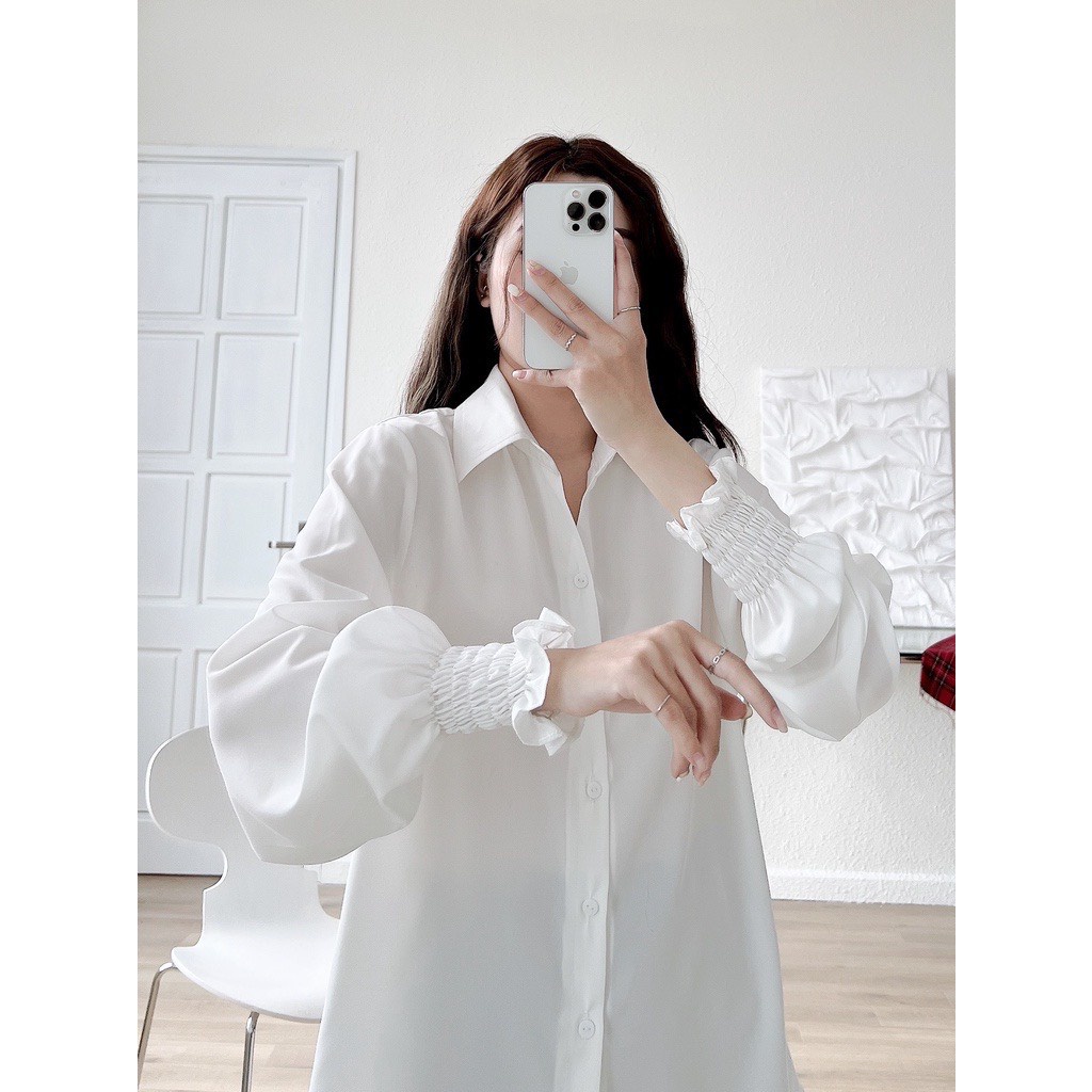 Áo sơ mi nữ dài tay bo nhún cổ tay vải lụa trắng cổ bẻ form rộng thoải mái